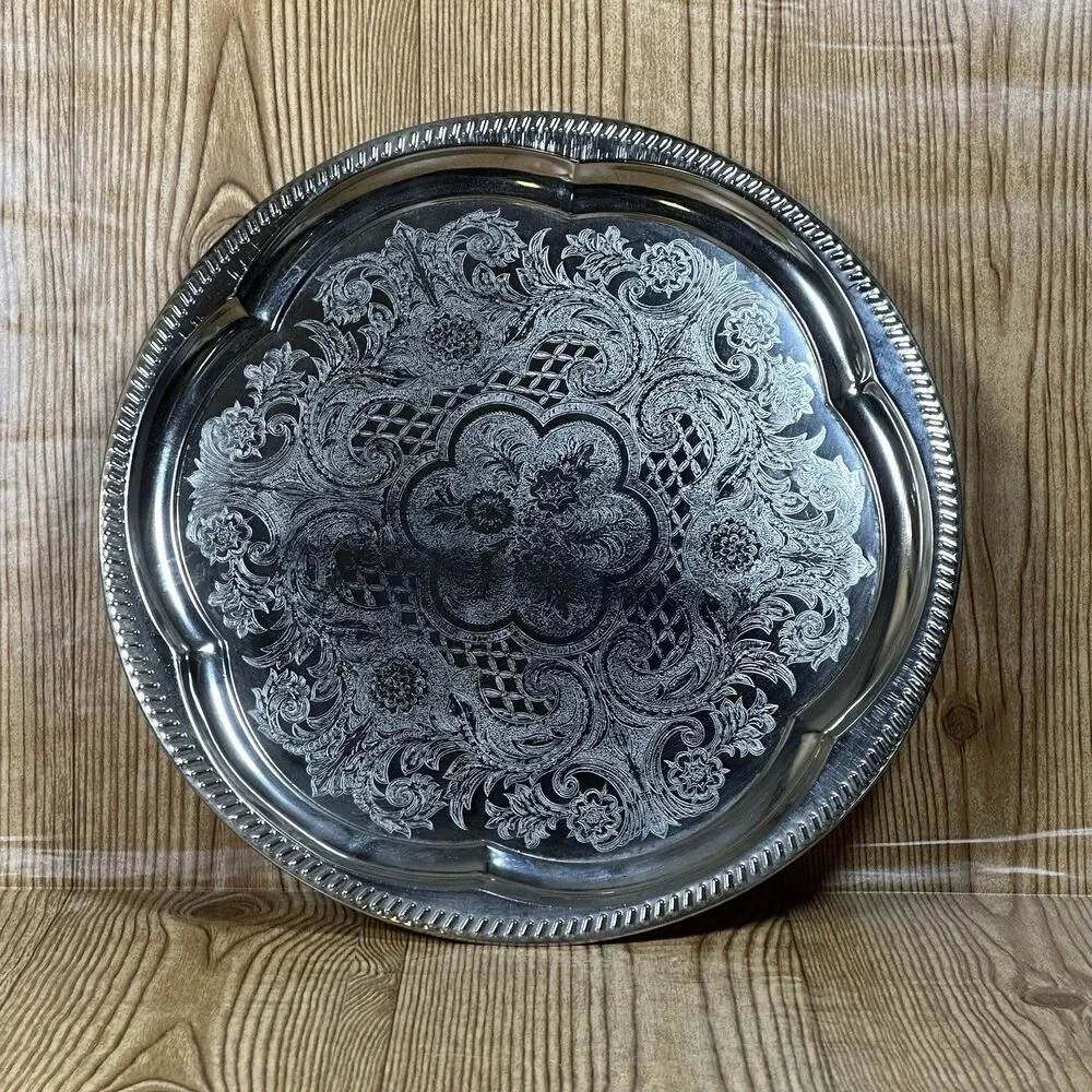 Vintage‎ Finest Nickel Plated Tinplate Serving Platter Tarnish Proof Floral 14”